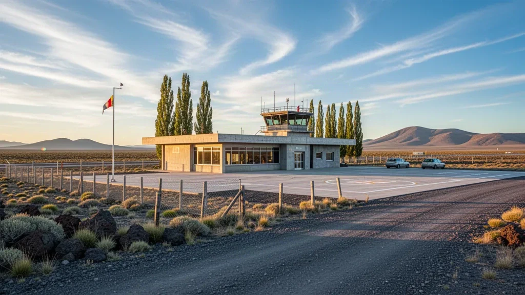 Small regional airport terminal and runway at Ingeniero Jacobacci in the Patagonian steppe of Río Negro, Argentina, at golden hour
