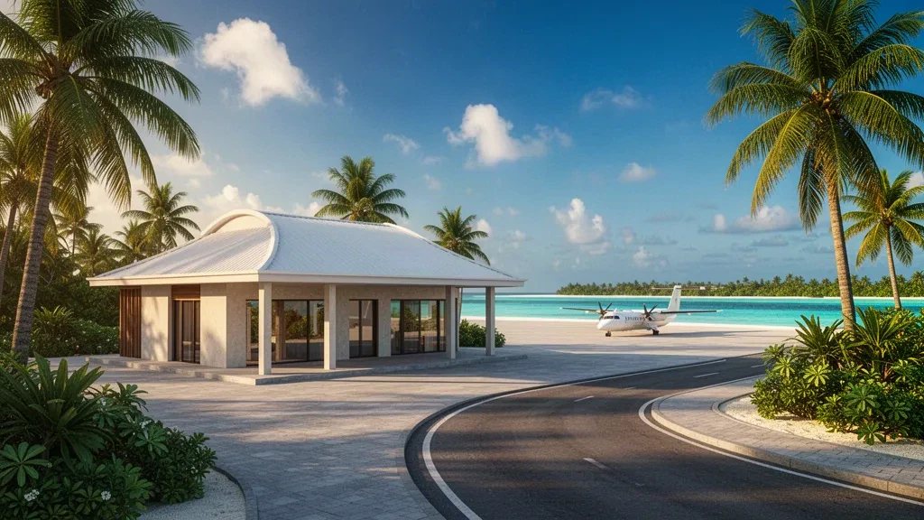 Terminal isleña moderna y plataforma rodeada de palmeras en el aeropuerto de Ifuru, en el atolón de Raa, Maldivas, con un avión turbohélice bajo la luz tropical del sol
