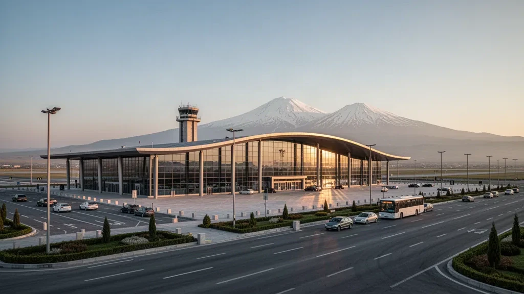 Terminal moderne en verre de l'aéroport d'Iğdır, dans l'est de la Turquie, avec le mont Ararat enneigé se dressant derrière les voies de dépose à l'heure dorée