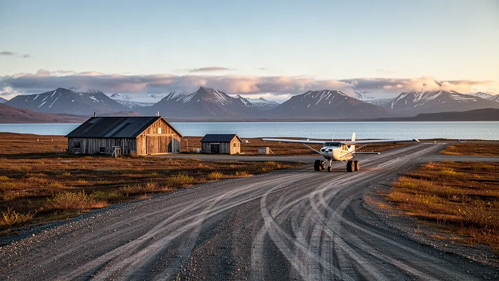 Remote gravel runway at Igiugig Airport in Alaska with tundra, a bush plane and distant mountain ridges at golden hour
