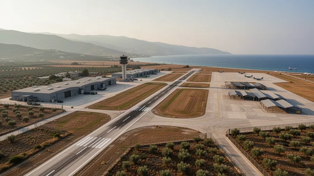 İzmir, Türkiye'deki Çiğli Hava Üssü'nün sıcak ikindi ışığında uzun pistini, taksi yollarını, hangarlarını ve kontrol kulesini gösteren havadan görünümü.