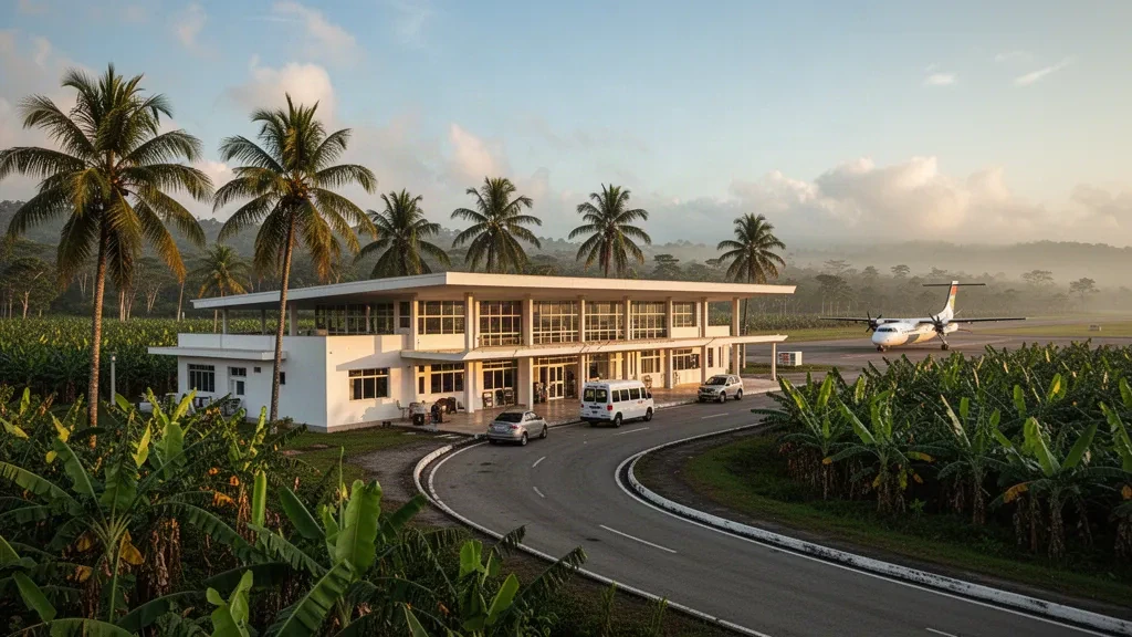 Tropical low-rise terminal, palms and drop-off lane at Jaime Ortiz Betancourt Airport in Chigorodó, Colombia, at golden hour