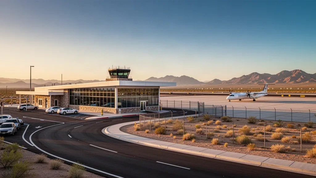Veduta dell'aeroporto di Kingman in Arizona durante l'ora d'oro, con il suo terminal moderno e basso, la strada d'accesso curva e la piazzola desertica in lontananza dove sono parcheggiati gli aerei.