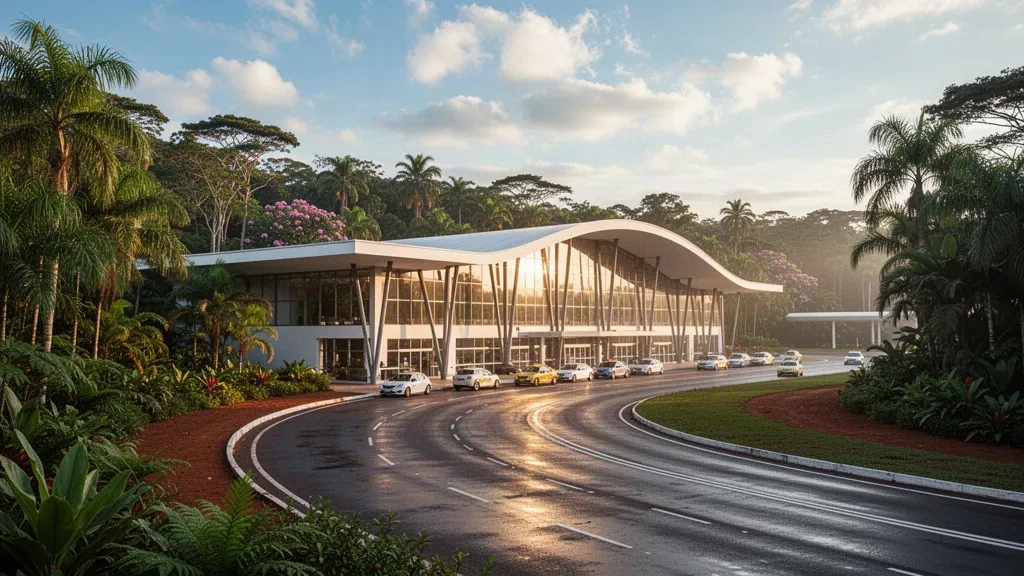 Modern glass terminal of Cataratas del Iguazú International Airport in Puerto Iguazú, framed by subtropical rainforest at golden hour