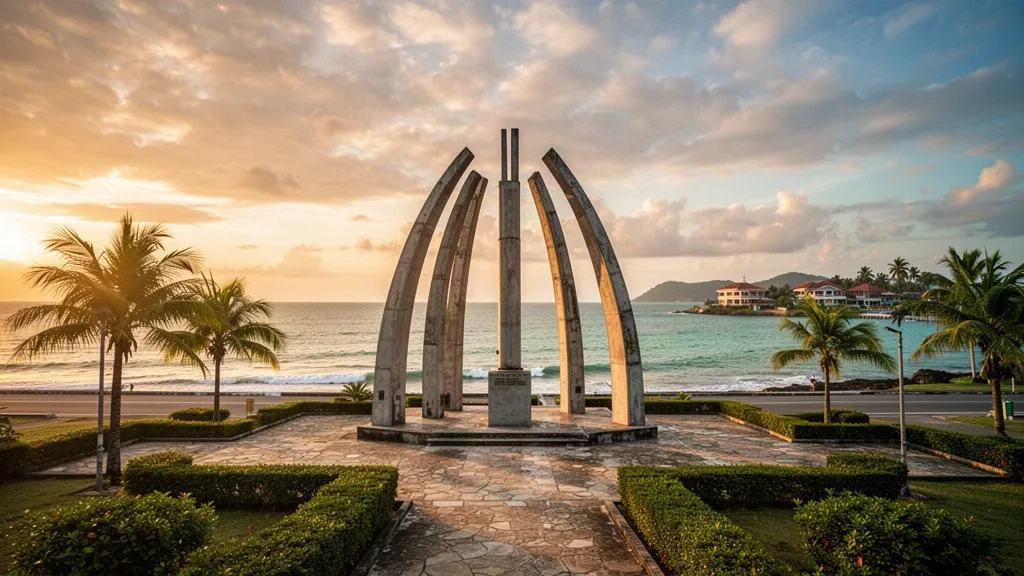 Vue à l'heure dorée du monument du milliardième baril à Seria, district de Belait, Brunei, avec la mer de Chine méridionale en arrière-plan.