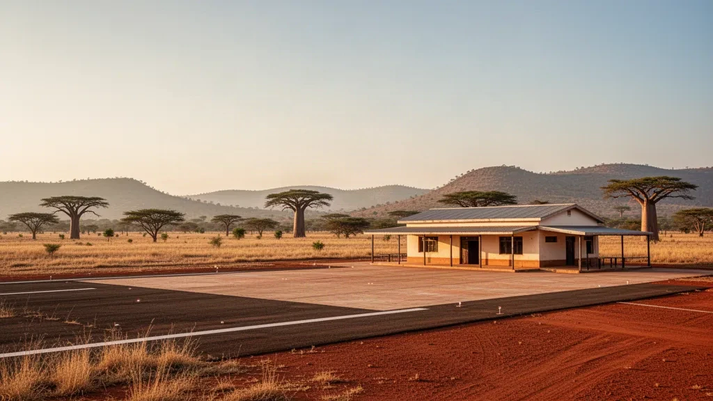 Small regional airstrip and modest terminal at Ihosy Airport in southern Madagascar, surrounded by dry highland hills at golden hour.