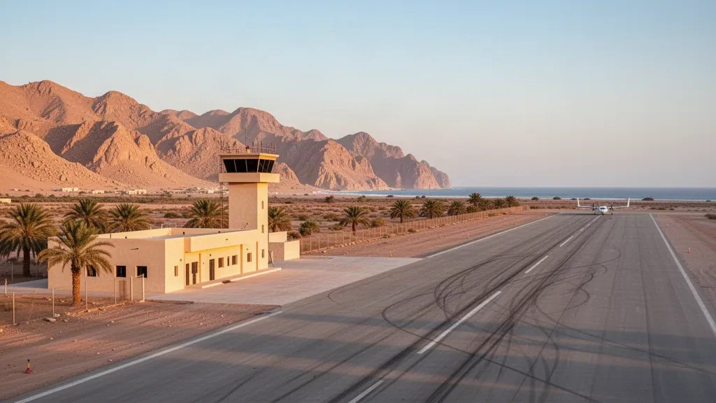 Desert terminal, apron and runway at Qishn Airport in Yemen's Mahra region under warm golden-hour light