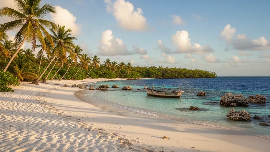 Palm-fringed turquoise shoreline of Saona Island in the Dominican Republic under warm Caribbean afternoon light