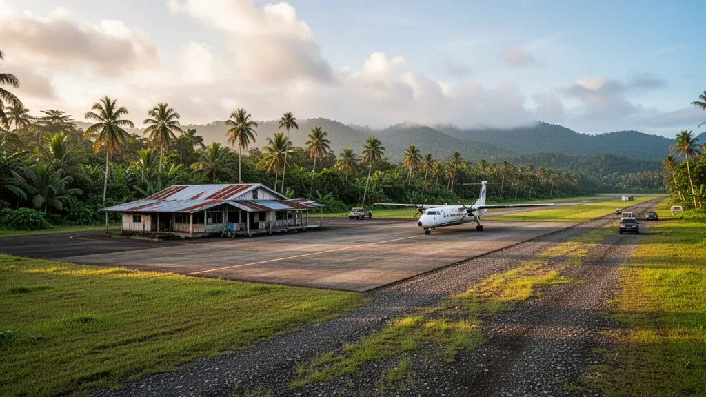 Kleines tropisches Flughafenterminal und Landebahn umgeben von üppigem Grün in Ihu, Papua-Neuguinea, zur goldenen Stunde.
