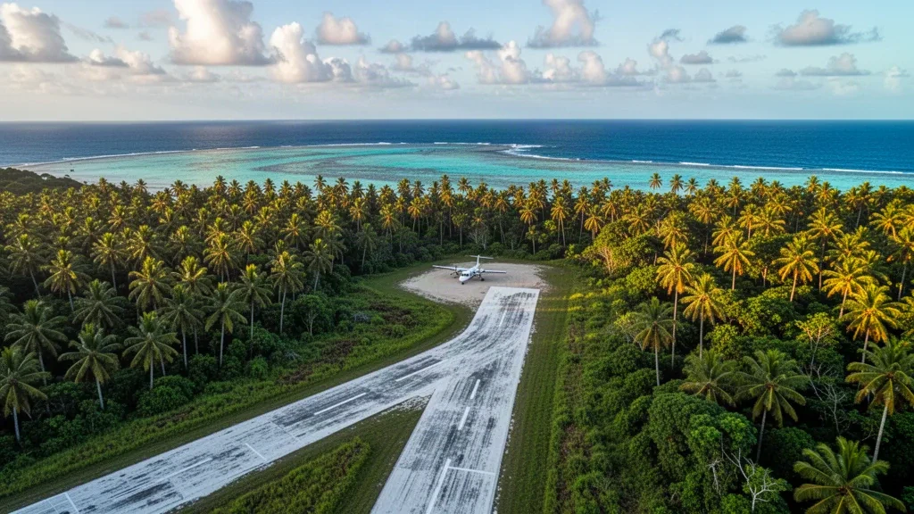 Pista de aterrizaje de coral tropical en la Isla Nissan, Bougainville, rodeada de palmeras de coco, selva tropical verde y agua turquesa de laguna