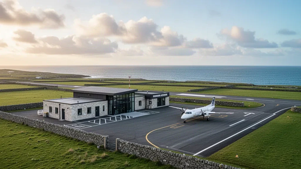 İrlanda'nın Aran Adaları'ndaki Inis Meáin üzerindeki Inishmaan Havalimanı, küçük bir pist ve Atlantik kıyı manzaraları