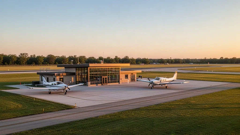 Terminalgebäude und Start- und Landebahn des Jacksonville Municipal Airport mit Kleinflugzeugen im Licht der goldenen Stunde, die die allgemeine Luftfahrt in Illinois repräsentieren.