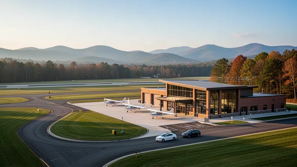 Terminal de aviación general y plataforma de aeronaves en el aeropuerto de Wilkes County, en las estribaciones de Blue Ridge, en Carolina del Norte