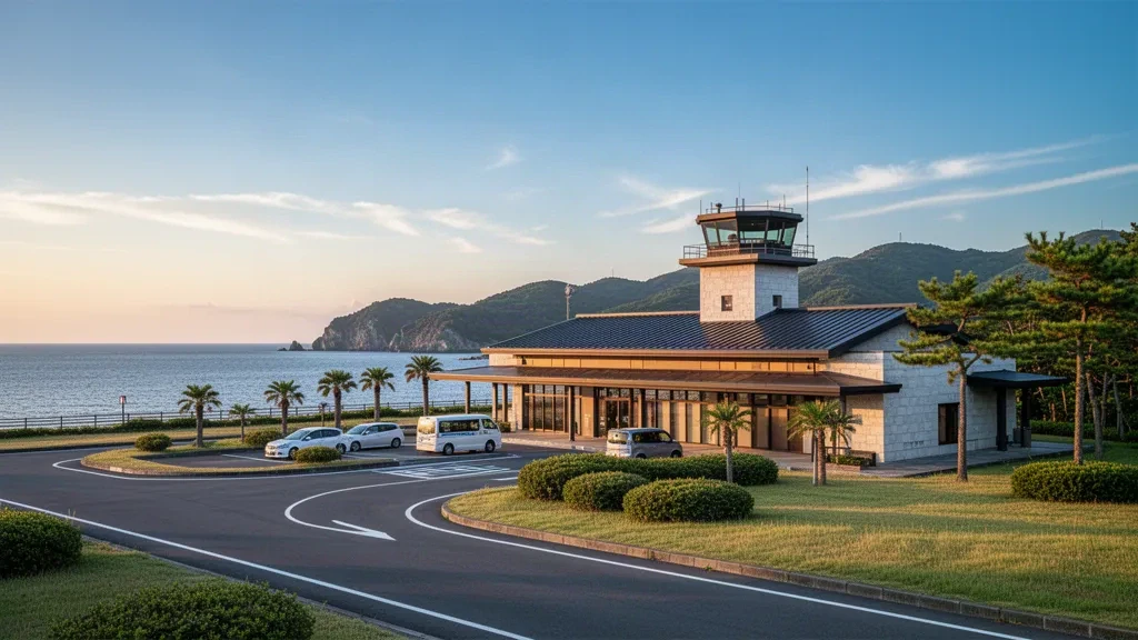 Modernes Inselflughafenterminal am Flughafen Iki auf der Insel Iki, Nagasaki, mit Blick auf das Küstenmeer und warmem Nachmittagslicht