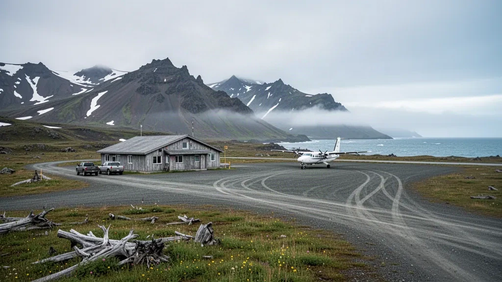 Pista remota de grava y pequeña terminal en la Estación Aérea de Nikolski en la isla Umnak, islas Aleutianas, Alaska