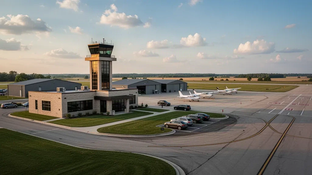 Greater Kankakee Airport terminal, control tower and hangars with light aircraft on the apron under golden-hour Illinois prairie skies