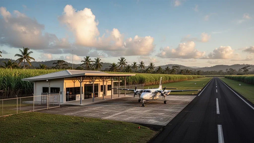 Small regional airfield near Inkerman in tropical North Queensland with a low terminal, apron and light aircraft at golden hour