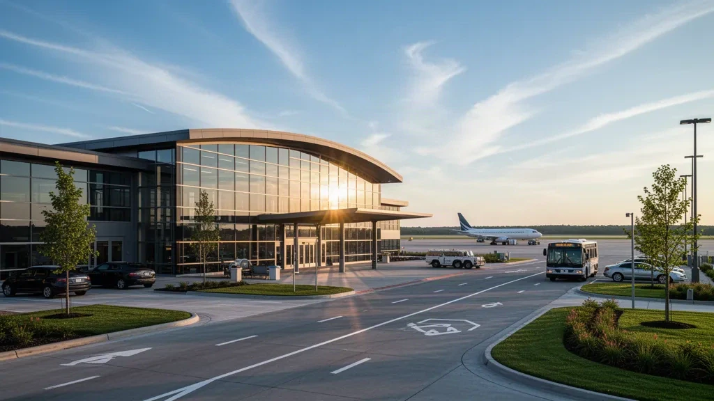 Extérieur moderne d'un terminal en verre et voie de dépose en bordure de trottoir à l'aéroport de Wilmington dans le Delaware sous un ciel dégagé en fin d'après-midi