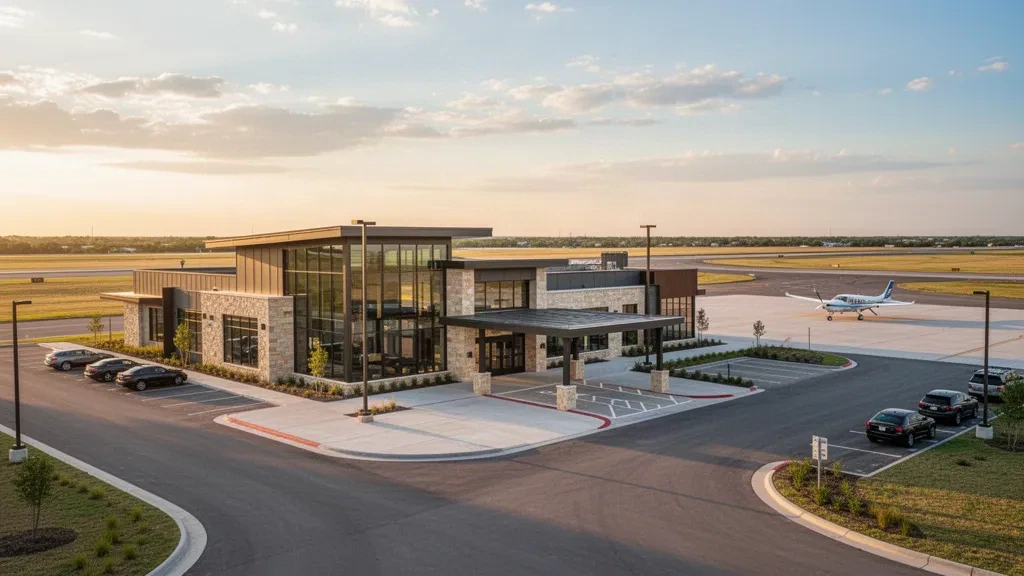 Skylark Field à Killeen, au Texas, avec un terminal d'aviation générale moderne, un dépose-minute en bord de trottoir et des aéronefs le long de la piste à l'heure dorée.