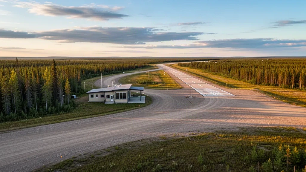 Aéroport d'Ilford dans le nord du Manitoba avec une piste en gravier et la forêt boréale à l'heure dorée.