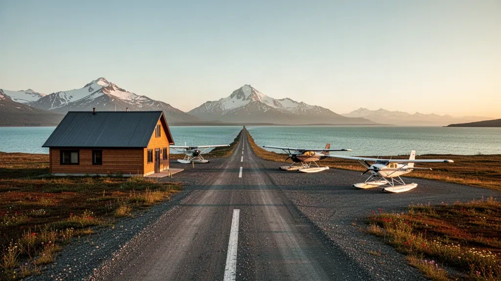 Remote Alaskan bush airstrip near Iliamna Airport with floatplanes, a gravel runway and snow-capped volcanic peaks at golden hour.