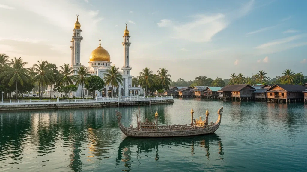 Bandar Seri Begawan, Brunei-Muara Bölgesi'nde sıcak altın ışığında lagününün yanındaki Sultan Omar Ali Saifuddien Camii