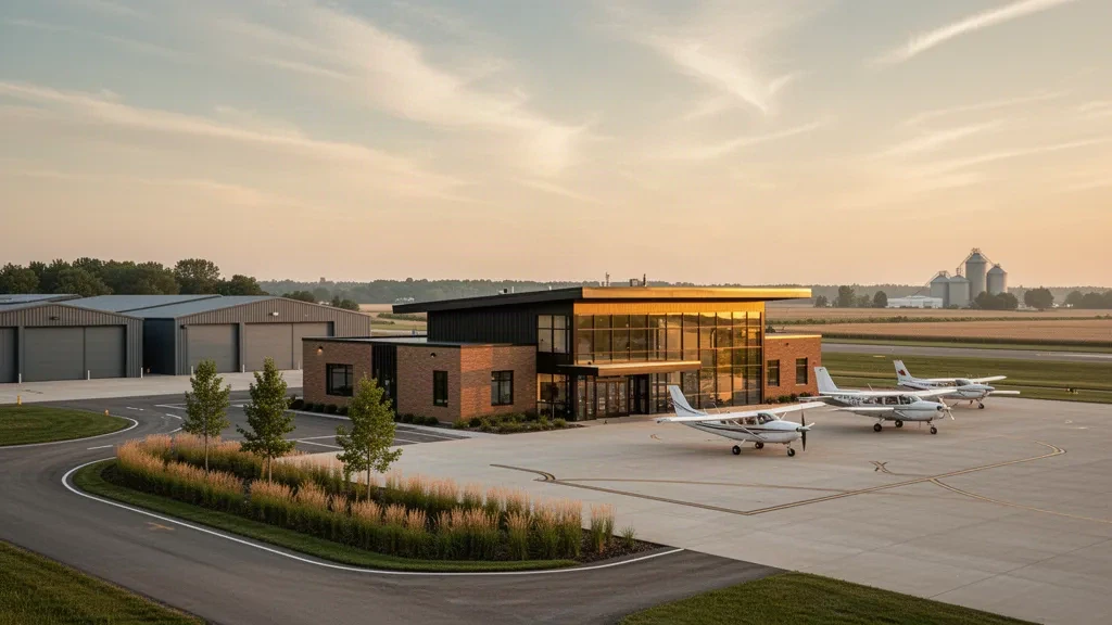 General-Aviation-Terminal, Hangars und abgestellte Leichtflugzeuge auf dem Vorfeld am Willmar Municipal Airport in Minnesota zur goldenen Stunde
