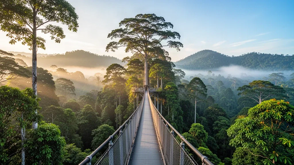 Passerella sopraelevata che si erge sopra la lussureggiante foresta pluviale nel Parco Nazionale di Ulu Temburong, Brunei, con nebbia mattutina e luce soffusa.
