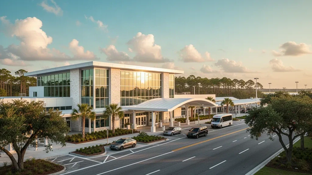 Modern glass terminal exterior at Wilmington International Airport in North Carolina, with palm trees, curbside drop-off and warm golden-hour light