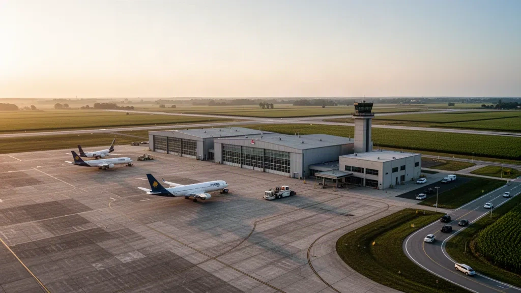 Vista durante la hora dorada de Wilmington Air Park en Ohio con hangares de carga, plataforma, aviones de carga y una larga pista que atraviesa tierras de cultivo