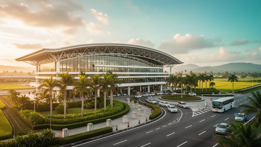 Modernes tropisches Terminal und palmengesäumter Vorfahrtbereich am Iloilo International Airport im warmen Licht der goldenen Stunde