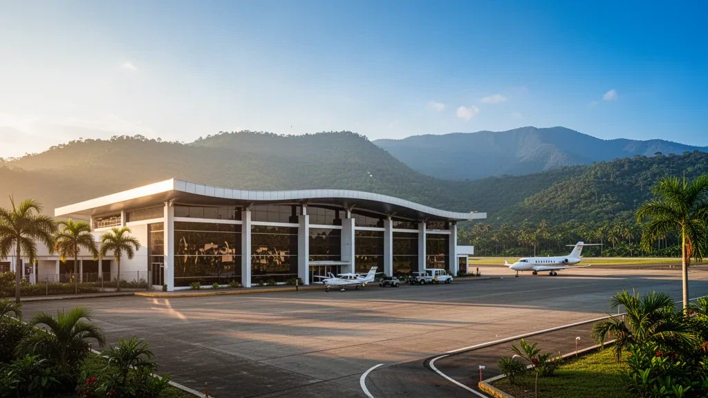 Extérieur moderne du terminal de l'aéroport international d'Ilopango au Salvador, avec collines tropicales, tarmac et avion dans une lumière chaude de fin de journée.