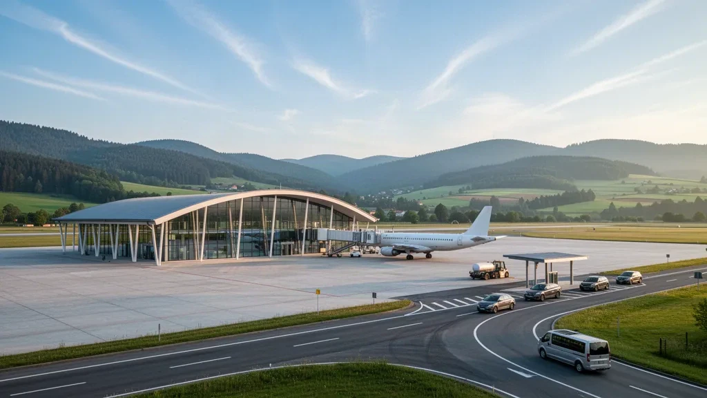 Modernes gläsernes Terminal und ruhiges Vorfeld am Flughafen Žilina-Dolný Hričov in der Slowakei, umrahmt von grünen bewaldeten Hügeln im sanften Morgenlicht.