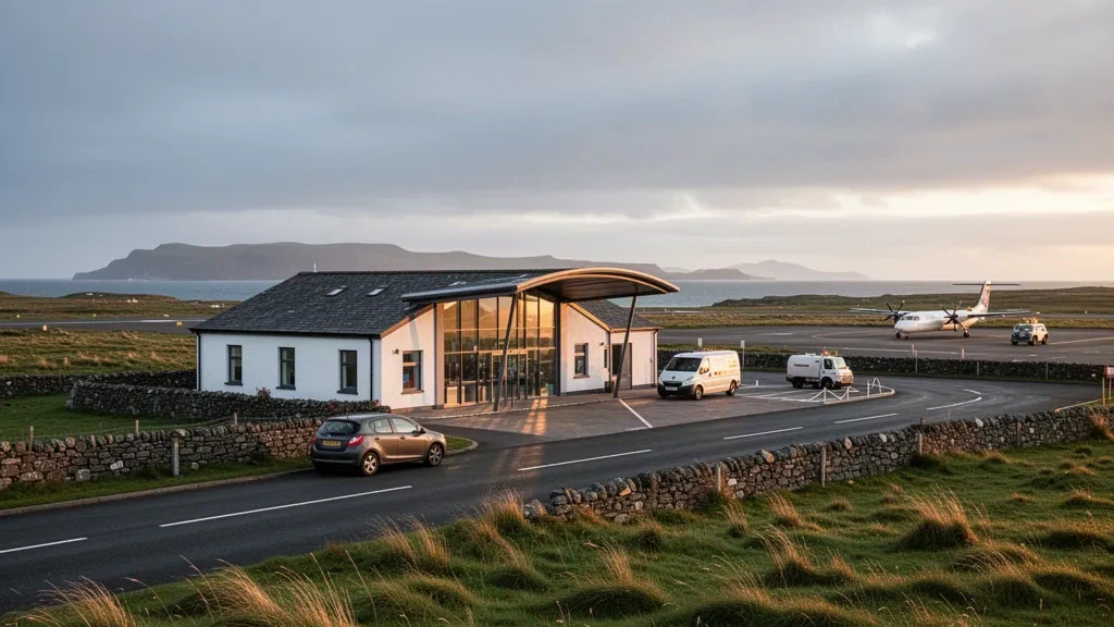 Terminal acristalada de baja altura, explanada y paisaje costero azotado por el viento en el aeropuerto de Islay, Escocia, a la hora dorada