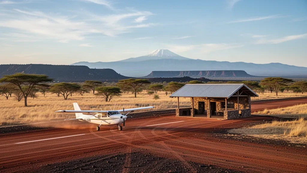 Kleines leichtes Flugzeug auf der unbefestigten Start- und Landebahn des Kilaguni Airport im Tsavo-West-Nationalpark, Kenia, zur goldenen Stunde mit Savanne und fernen Hügeln.