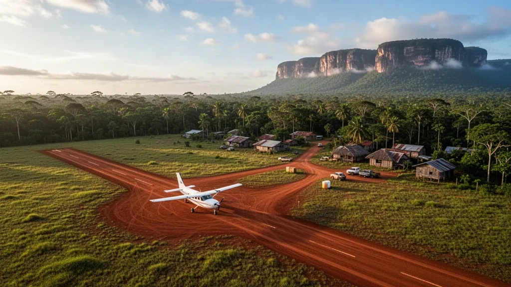 Einmotoriges Flugzeug auf der Lateritpiste des Flughafens Imbaimadai in Guyana, umgeben von Regenwald und den Tafelbergen der Pakaraima