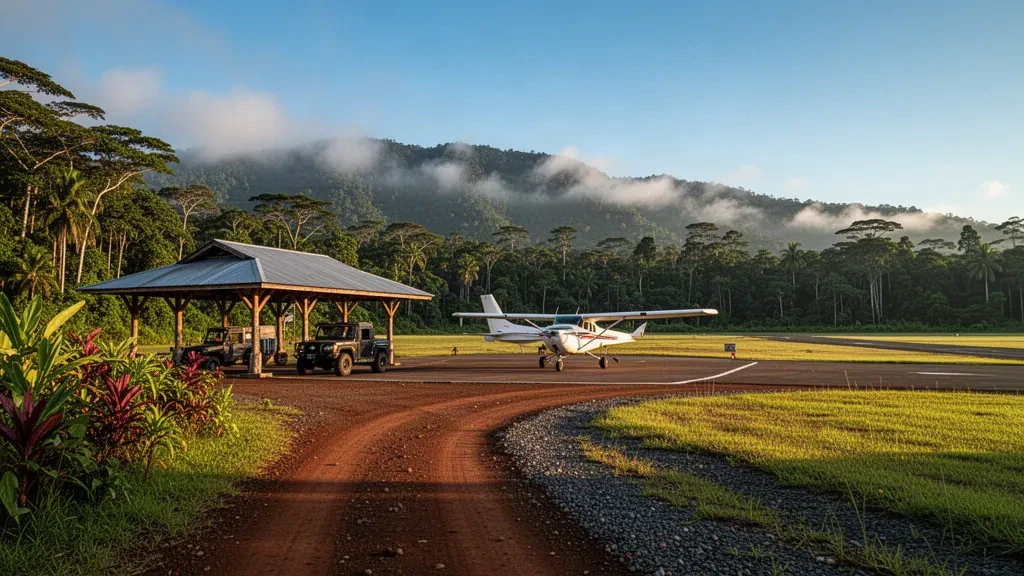 Pista tropicale remota all'aeroporto di Imonda in Papua Nuova Guinea, piccolo aereo utilitario e montagne della foresta pluviale nella nebbia all'ora dorata.