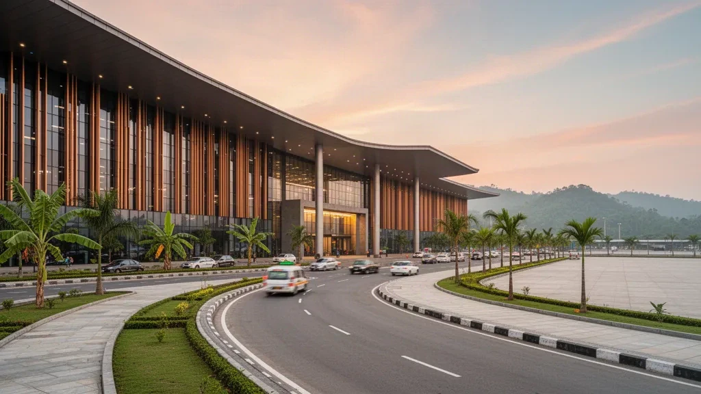 Imphal, Manipur'daki Bir Tikendrajit Uluslararası Havalimanı'nda altın saatlerde ışıklandırılmış, sakin bırakma şeritleriyle modern cam terminal cephesi