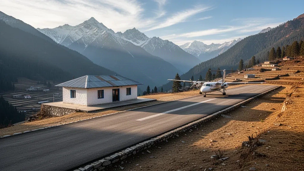 Nepal'in Humla bölgesindeki Simikot Havalimanı'nın uzak tepedeki pisti ve küçük terminali, sabah ışığında karla kaplı Himalaya zirveleriyle çevrili