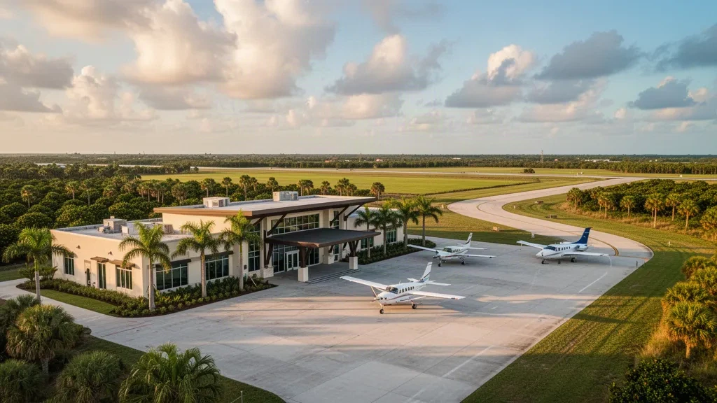 Niedriges Terminalgebäude und Leichtflugzeuge auf dem Vorfeld des Immokalee Regional Airport in Florida zur goldenen Stunde