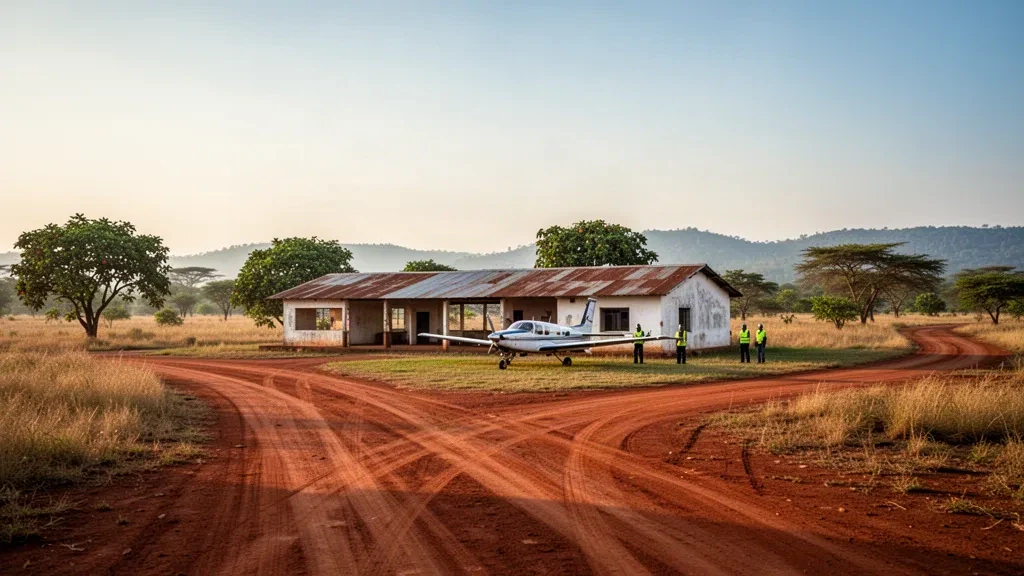 Small rural airstrip serving Zemio in the Central African Republic, with a red dirt runway, parked light aircraft and golden-hour light
