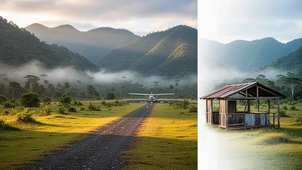 Piste d'atterrissage isolée en altitude à l'aéroport d'Imane en Papouasie-Nouvelle-Guinée, entourée de montagnes verdoyantes, de brume matinale et d'un petit avion stationné.