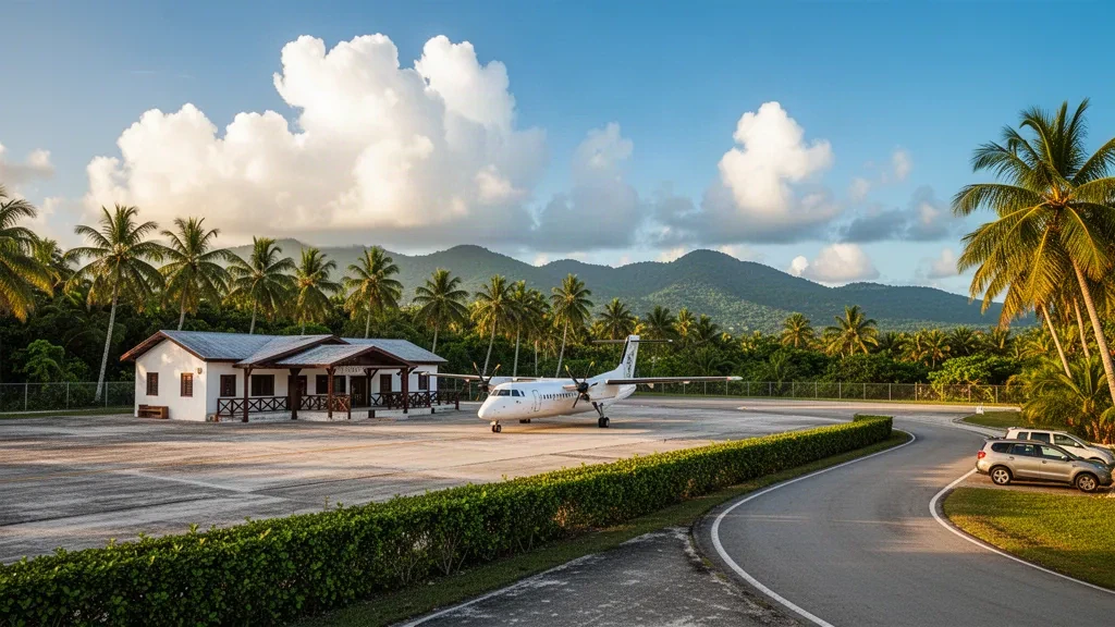 Tropical airstrip apron and low-rise terminal at Independence Airport in Belize, with palm trees and a small turboprop aircraft at golden hour