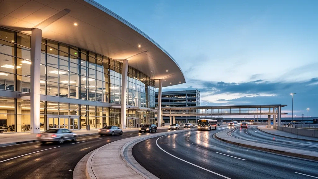Facciata moderna del terminal in vetro e corsie di sosta per la riconsegna dei passeggeri all'Aeroporto Internazionale di Indianapolis illuminate al crepuscolo