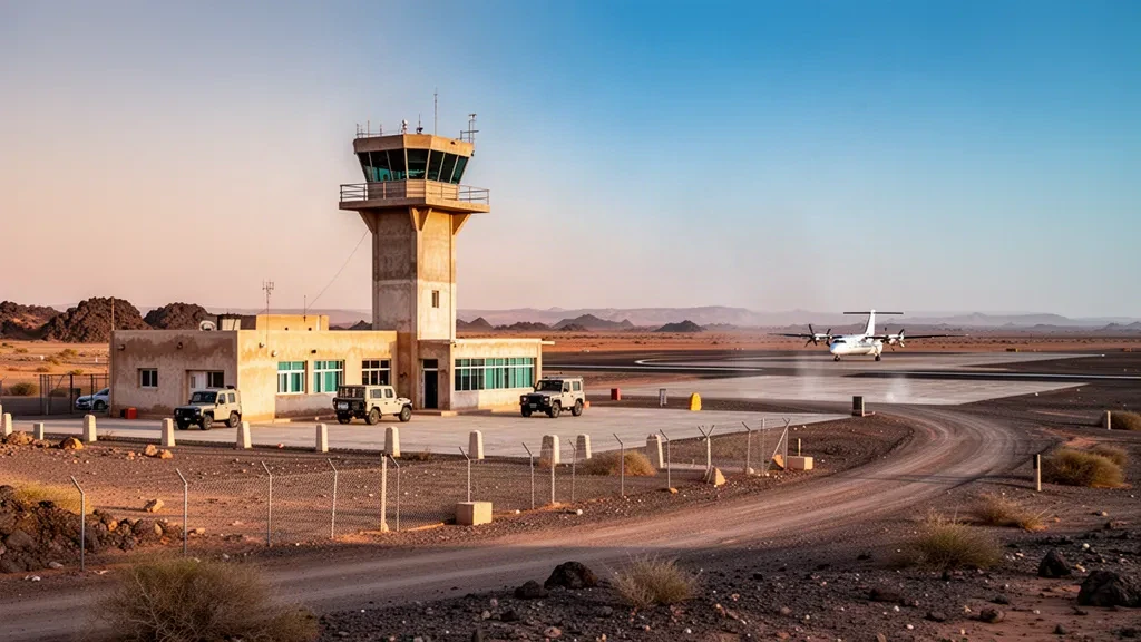 Cezayir Sahra'sında altın saatlerde, açık çöl ve berrak gökyüzüyle çevrili uzak In Guezzam Havalimanı terminali ve pisti