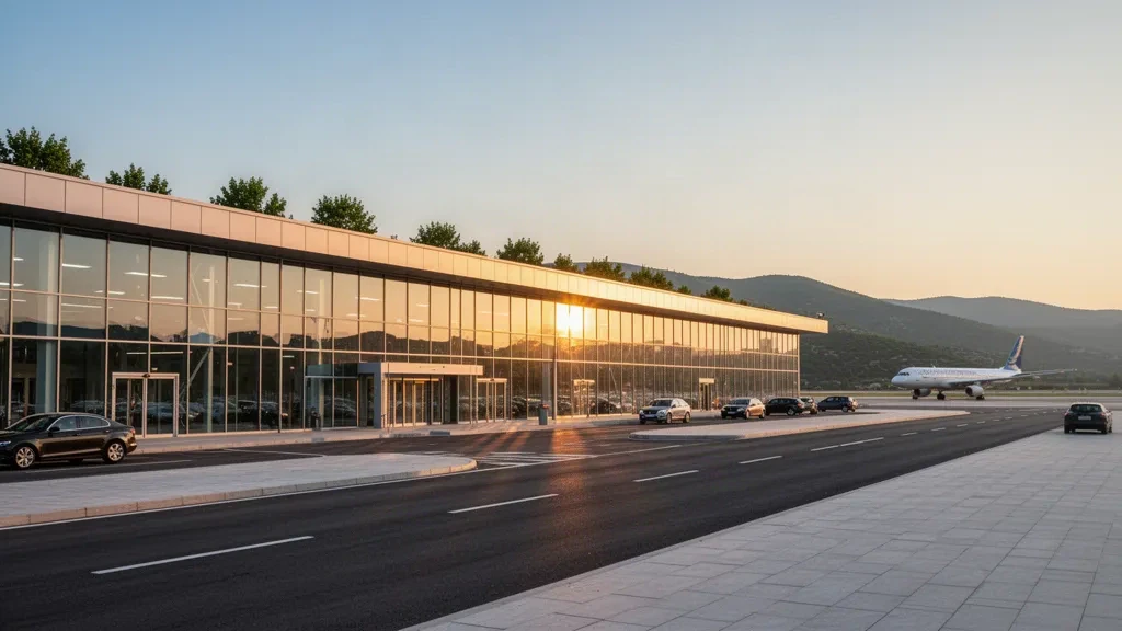 Fachada moderna de terminal de cristal y carriles de descenso en el Aeropuerto Constantino el Grande de Niš, en Serbia, durante una cálida luz de hora dorada