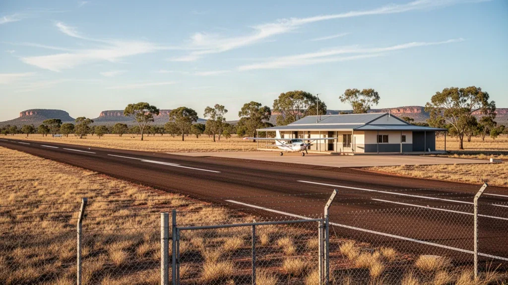 Ländliche Start- und Landebahn am Flughafen Injune in Queensland mit einem Leichtflugzeug auf dem Vorfeld, trockenem Grasland und offenem Outback-Himmel