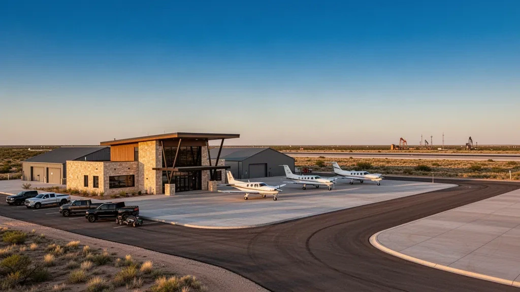 Petit terminal d'aviation générale et hangars à l'aéroport de Winkler County à Kermit, au Texas, sous un grand ciel bleu.