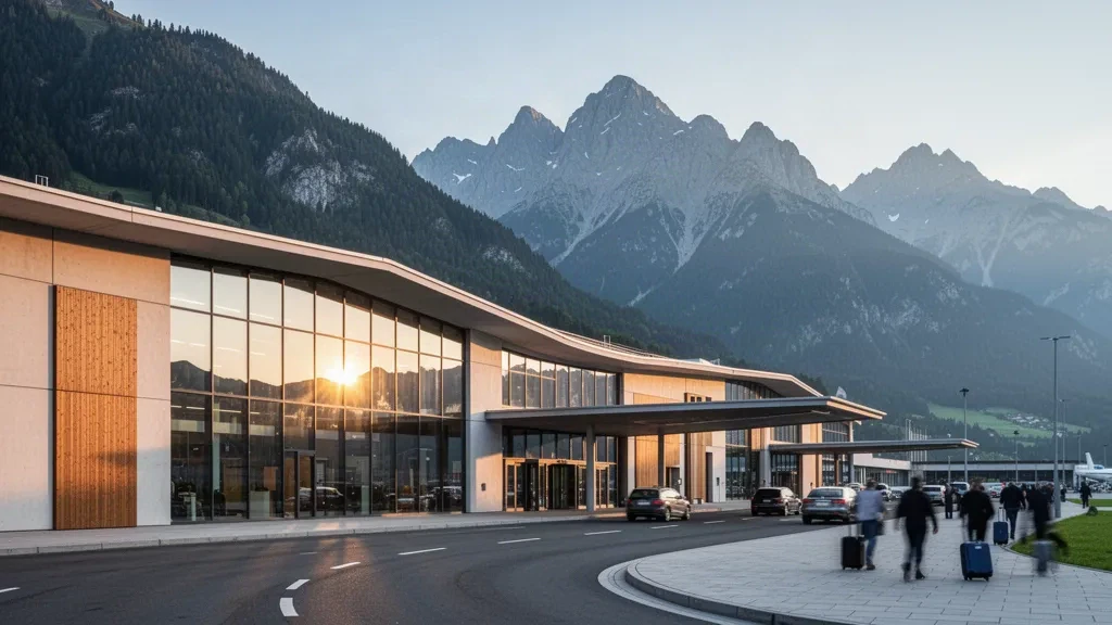 Modernes Glasterminal am Flughafen Innsbruck mit Tiroler Alpengipfeln hinter dem Vorplatz in warmem Licht des späten Nachmittags