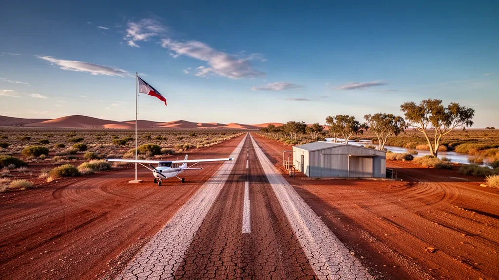 Abgelegene Outback-Landebahn und unbefestigter Vorfeldbereich am Innamincka Airport in South Australia, umrahmt von roten Wüstenebenen und weitem offenem Himmel zur goldenen Stunde.